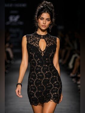 Alt.B Black Lace Bodycon Mini Dress Mock Neck Keyhole Back - Size - M - NWT